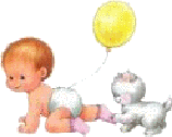 baby with balloon and diaper and dog animated gif