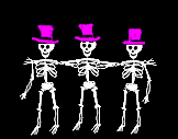three skeletons dancing with purple top hats animated gif