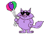 purple cat with sunglasses and balloons animated gif