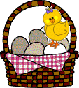 chick dances on basket of eggs animated gif