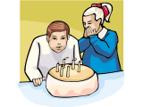boy and girl blow out candles on birthday cake animated gif
