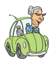 granny driving a green VW bug beetle animated gif