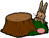 bunny rabbit hides behind tree stump with easter egg animated gif