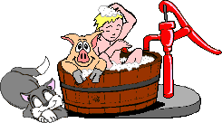 boy bathtub under pump with pig and cat animated gif
