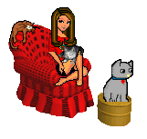 girl sits red armchair with two cats animated gif