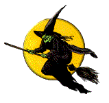 witch on brookstick flies across moon animated gif