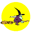 witch on broomstick flies across moon animated gif